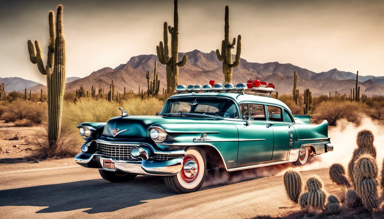 Vintage Fire-Truck Cadillac on Desert Road