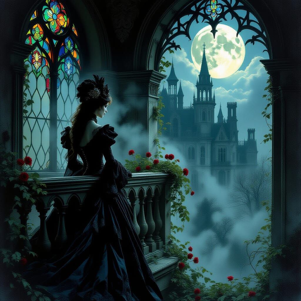 Spectral Queen on Haunted Balcony in Moonlight