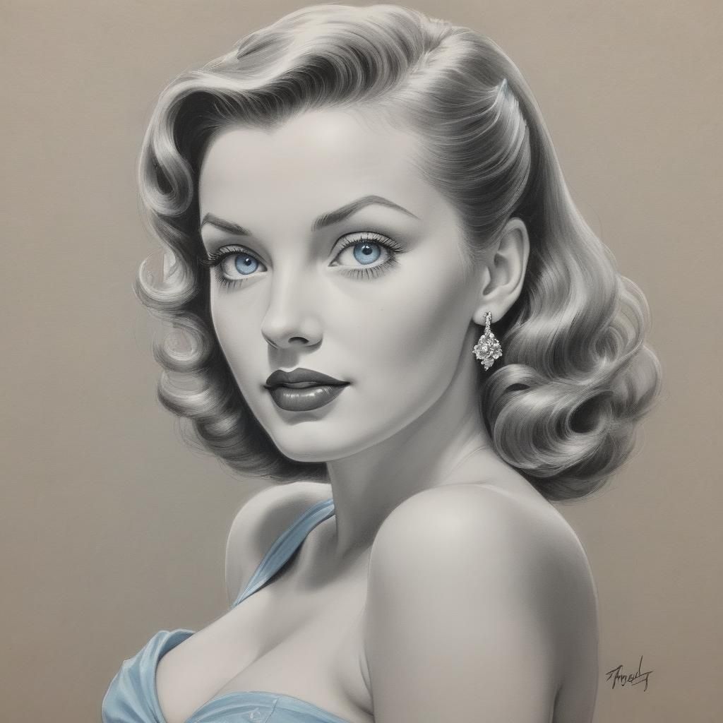 Classic 1940s Pinup in Charcoal with Blue Eyes