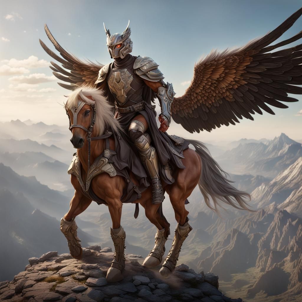 Falcon-Humanoid Hybrid Soaring Above Mountains, Dark Fantasy...