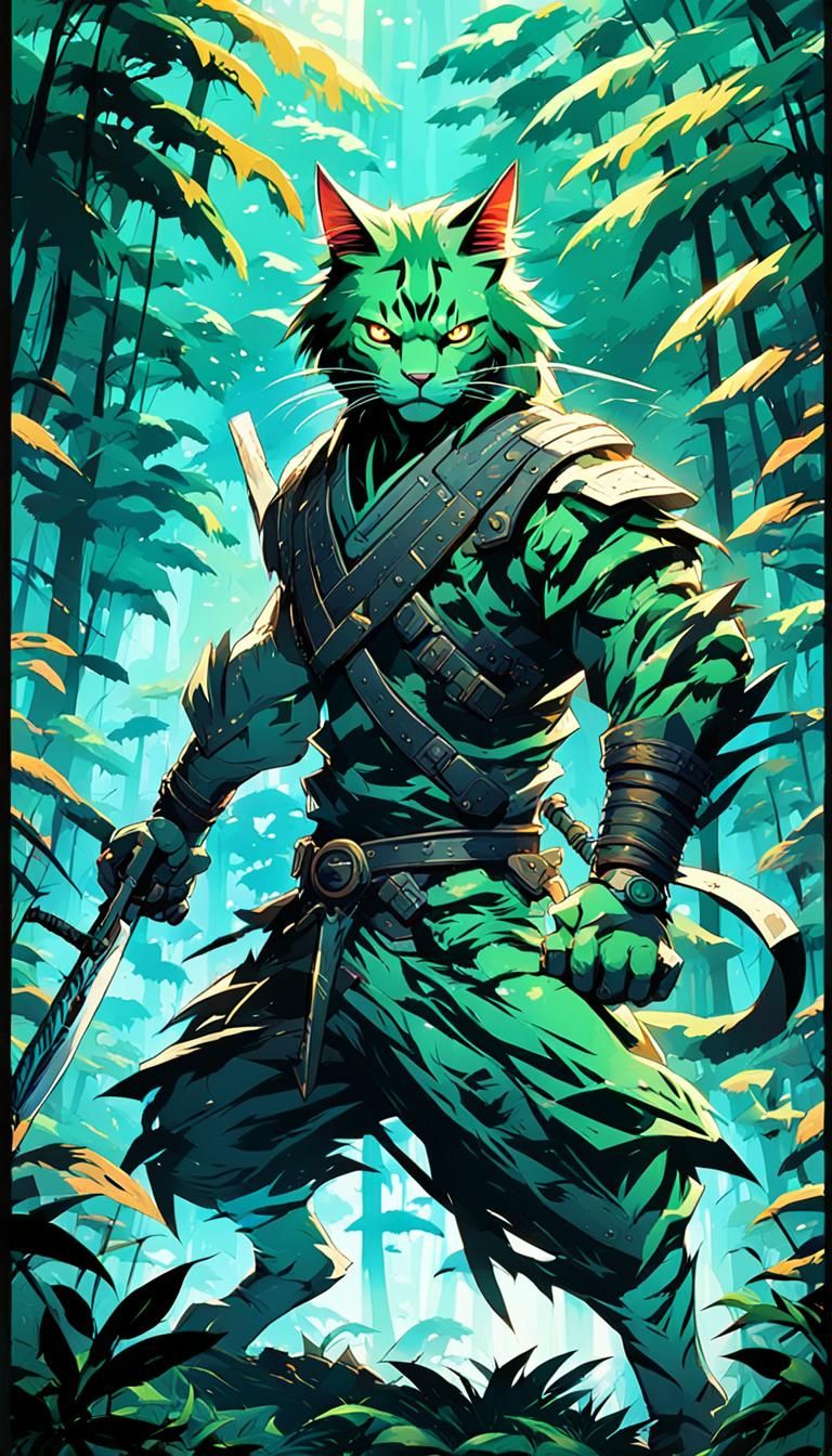 Anime War Cat in Jungle with Swords