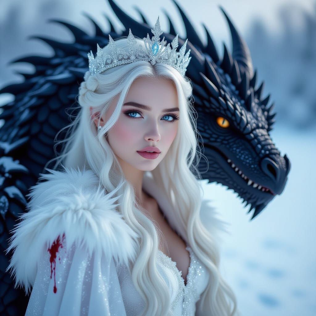 Woman with Ice Crown and Dragon in Snowy Field