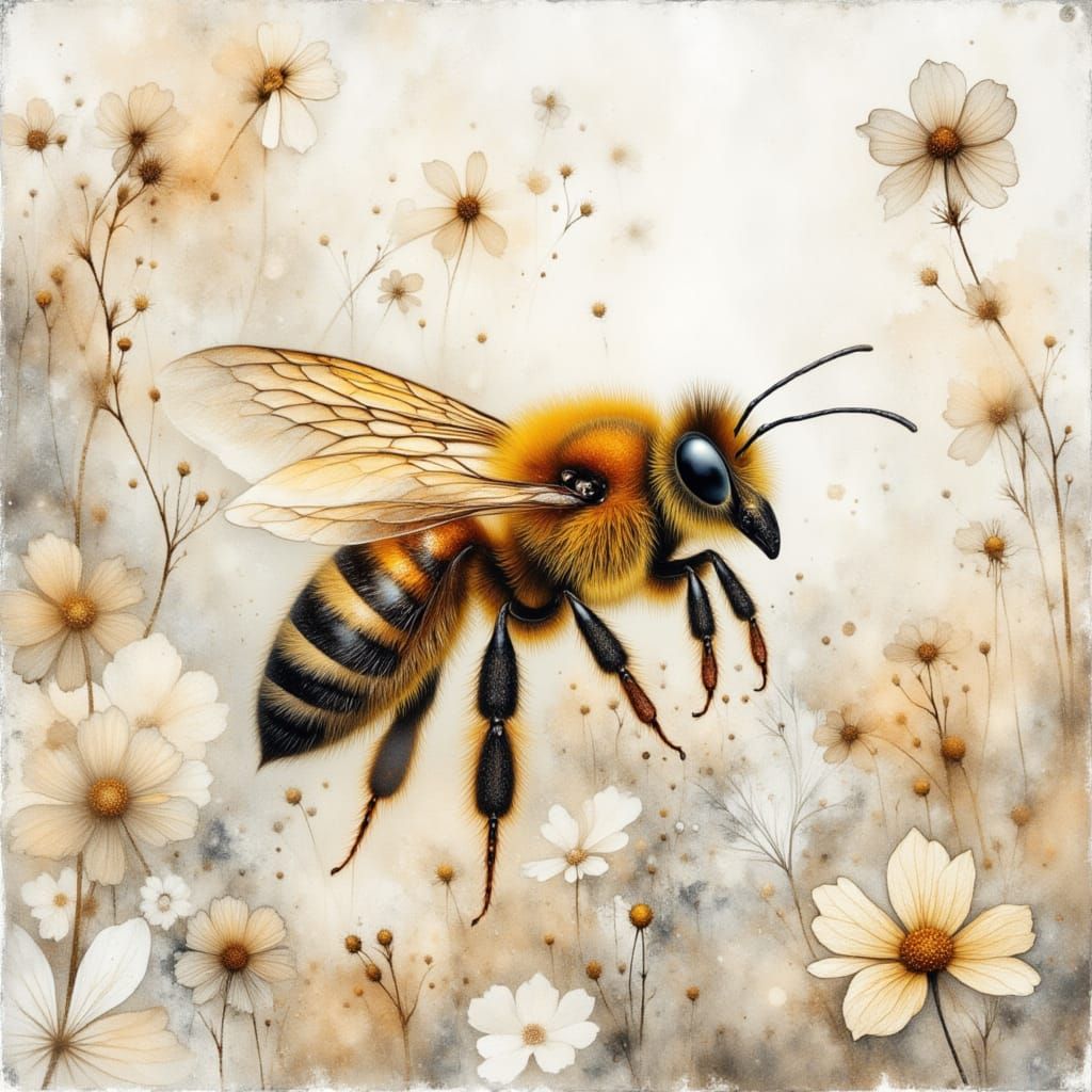 Watercolor Bee in Misty Hazy Nature with Lace Textures