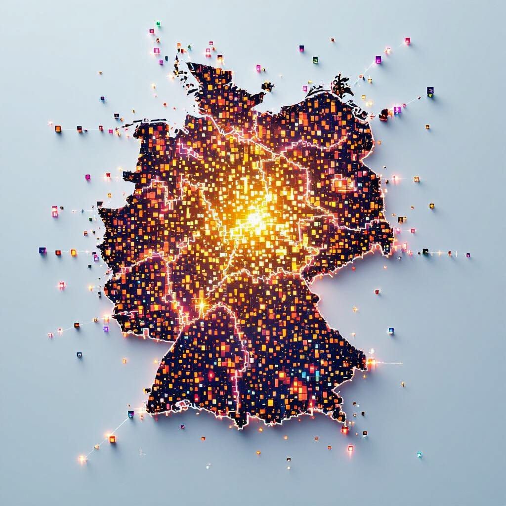 Germany Map Composed of Glowing Dots, Glitch Art Style