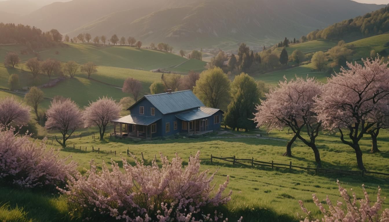 Modern Farmhouse in Lush Valley with Blossoms