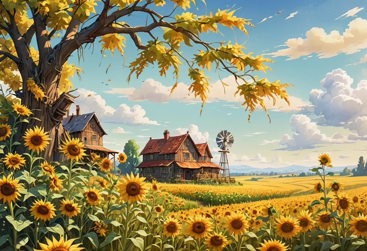 Wheat and Sunflowers Field in 3D Digital Art