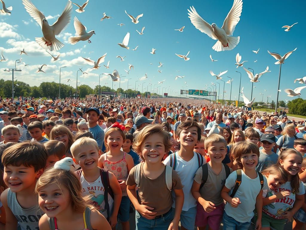 Joyful Children with Doves on Highway, Norman Rockwell Style
