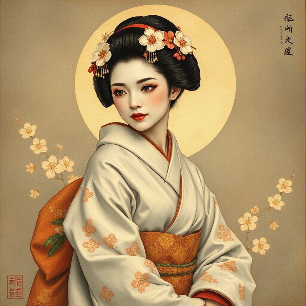 Elegant Geisha in Art Nouveau Ukiyo-e Fantasy