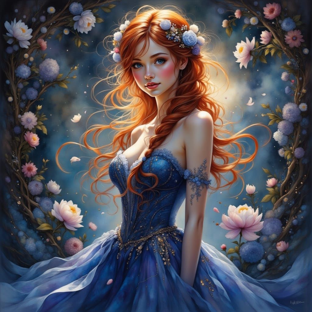 Anime Woman in Enchanted Midnight Blue Gown with Red Hair