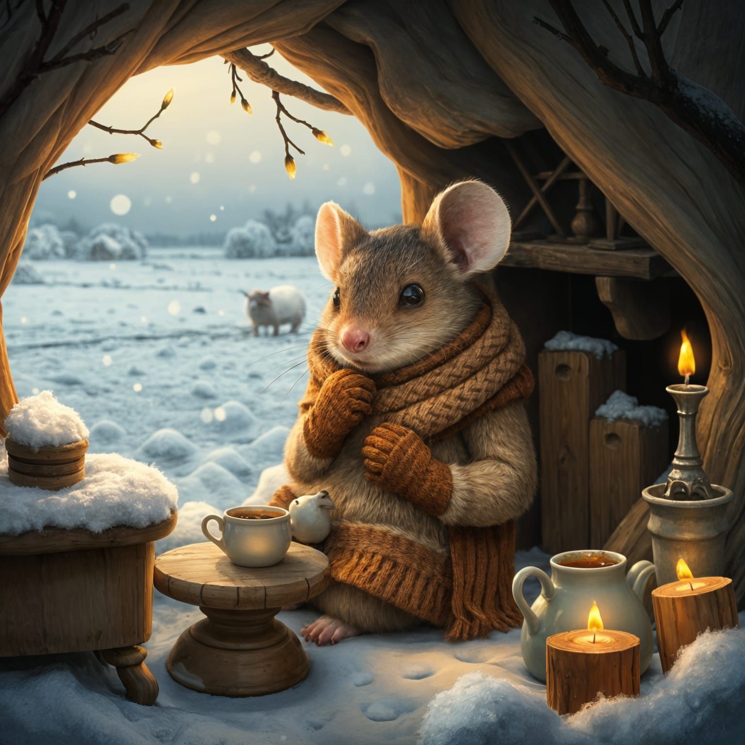 Whimsical Winter Mouse in Cozy Burrow Scene