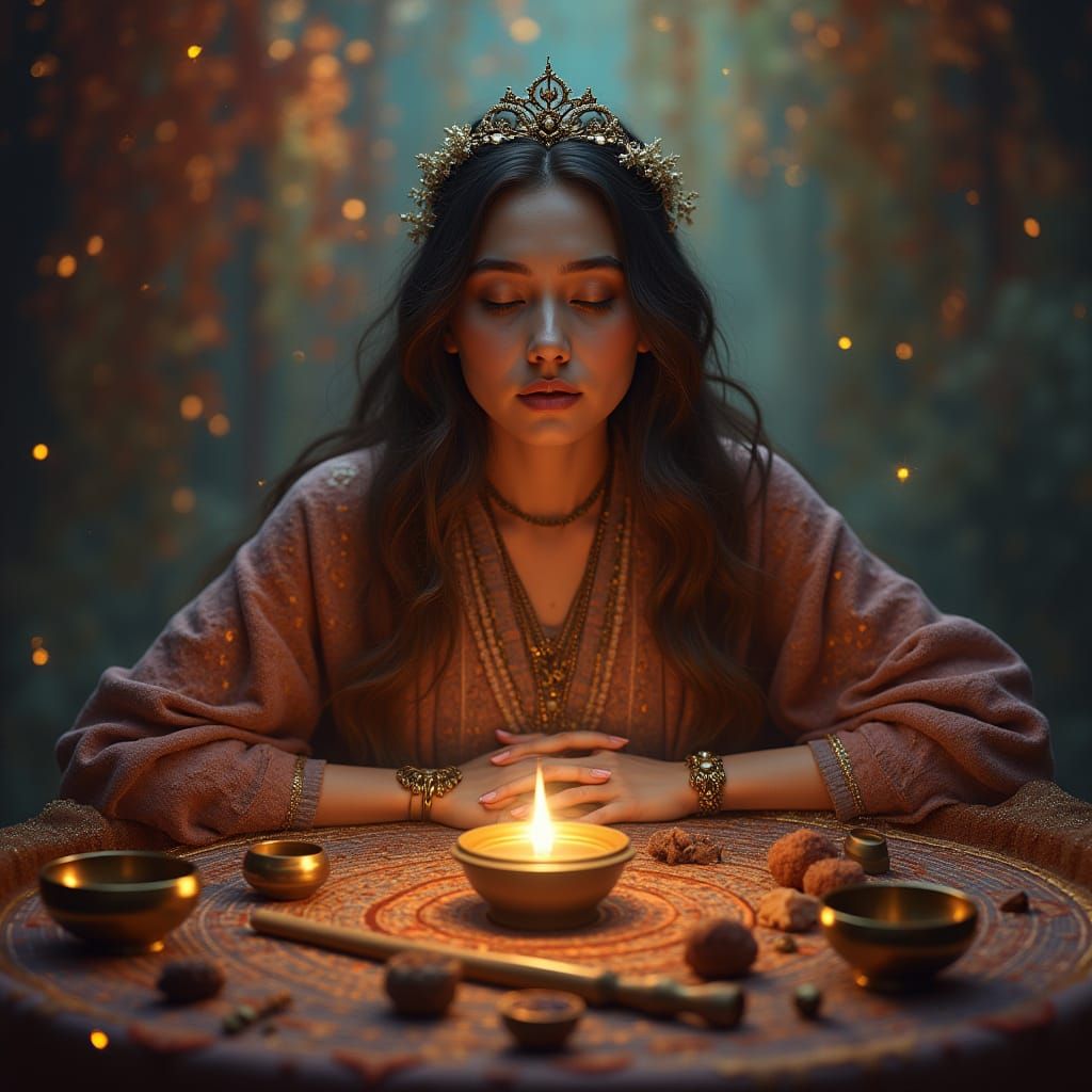 Mystical Healer Amidst Spiritual Tools in a Serene Chakra He...