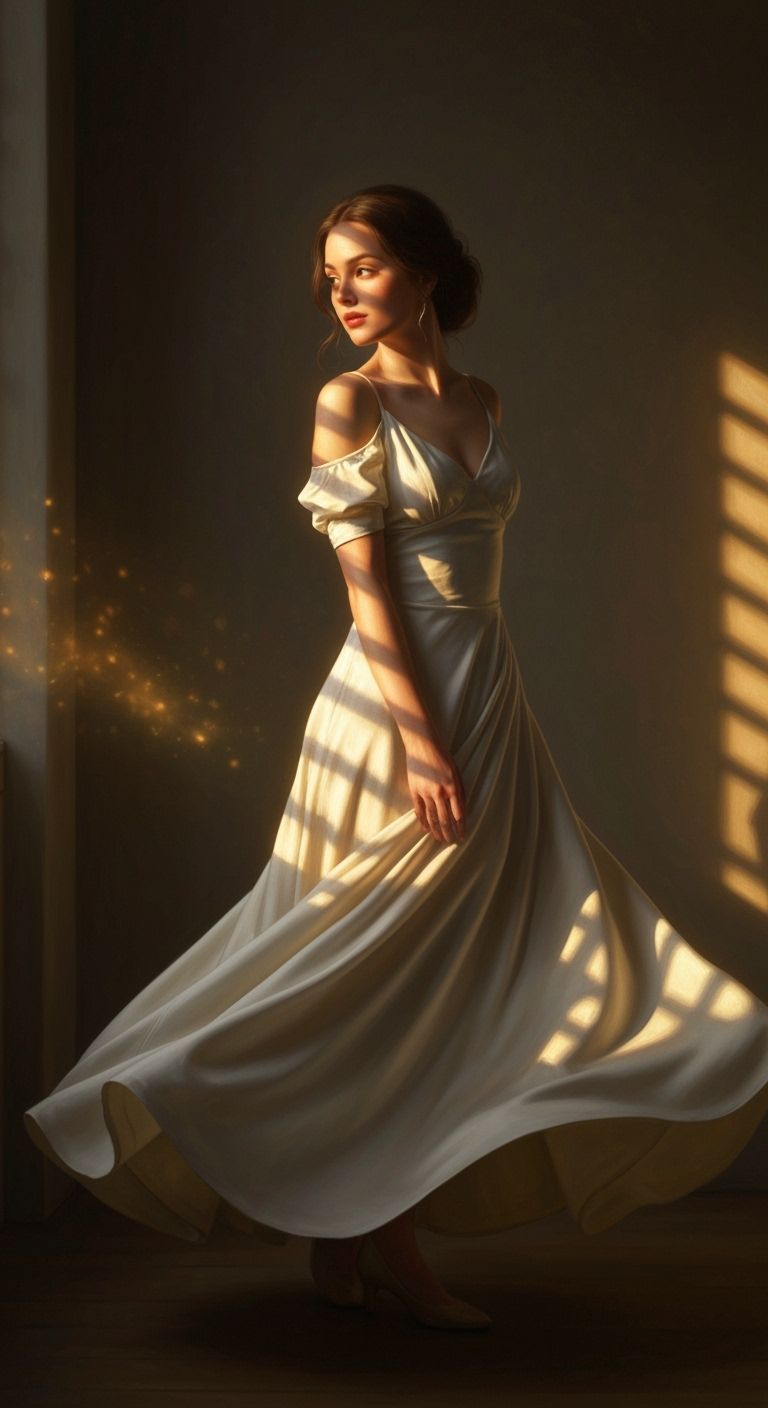 Serene Woman in Swirling Gown Under Golden Hour Light