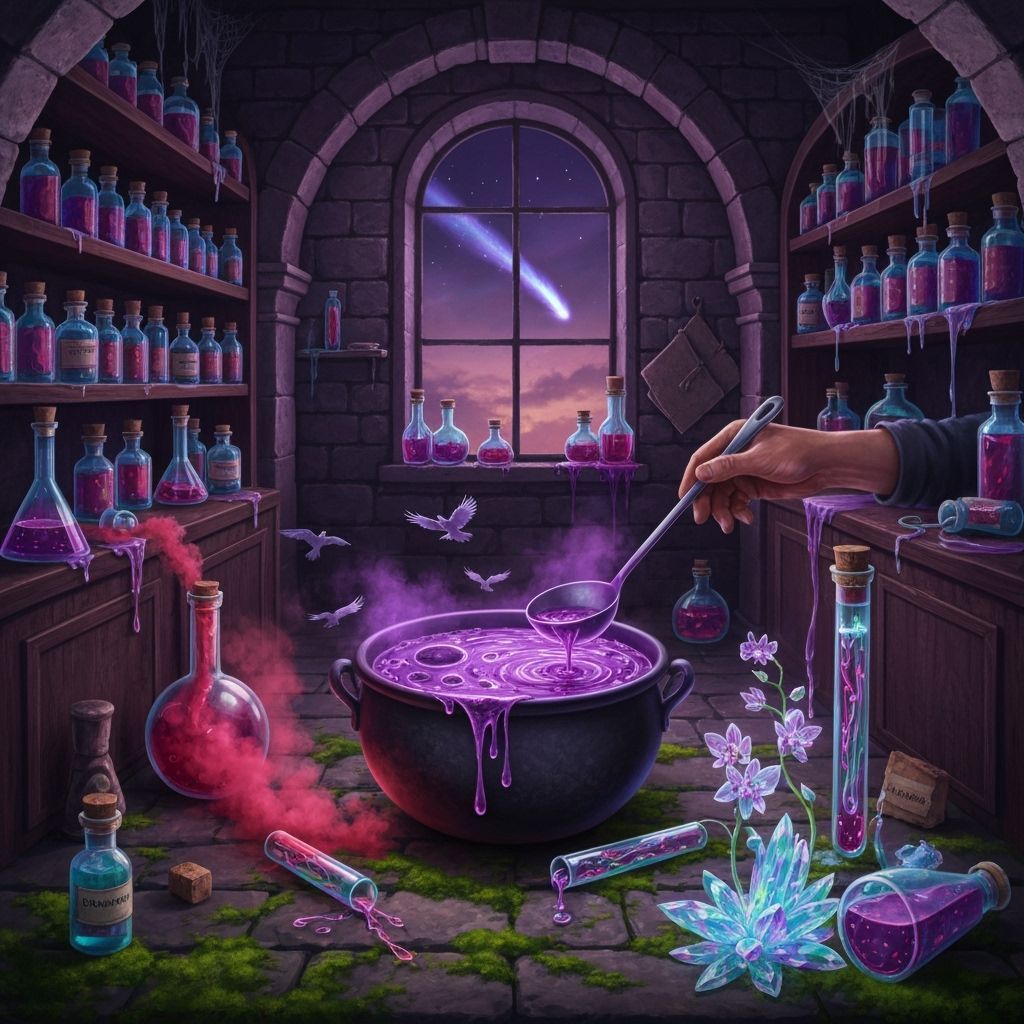 Mysterious Apothecary Scene with Luminous Potions