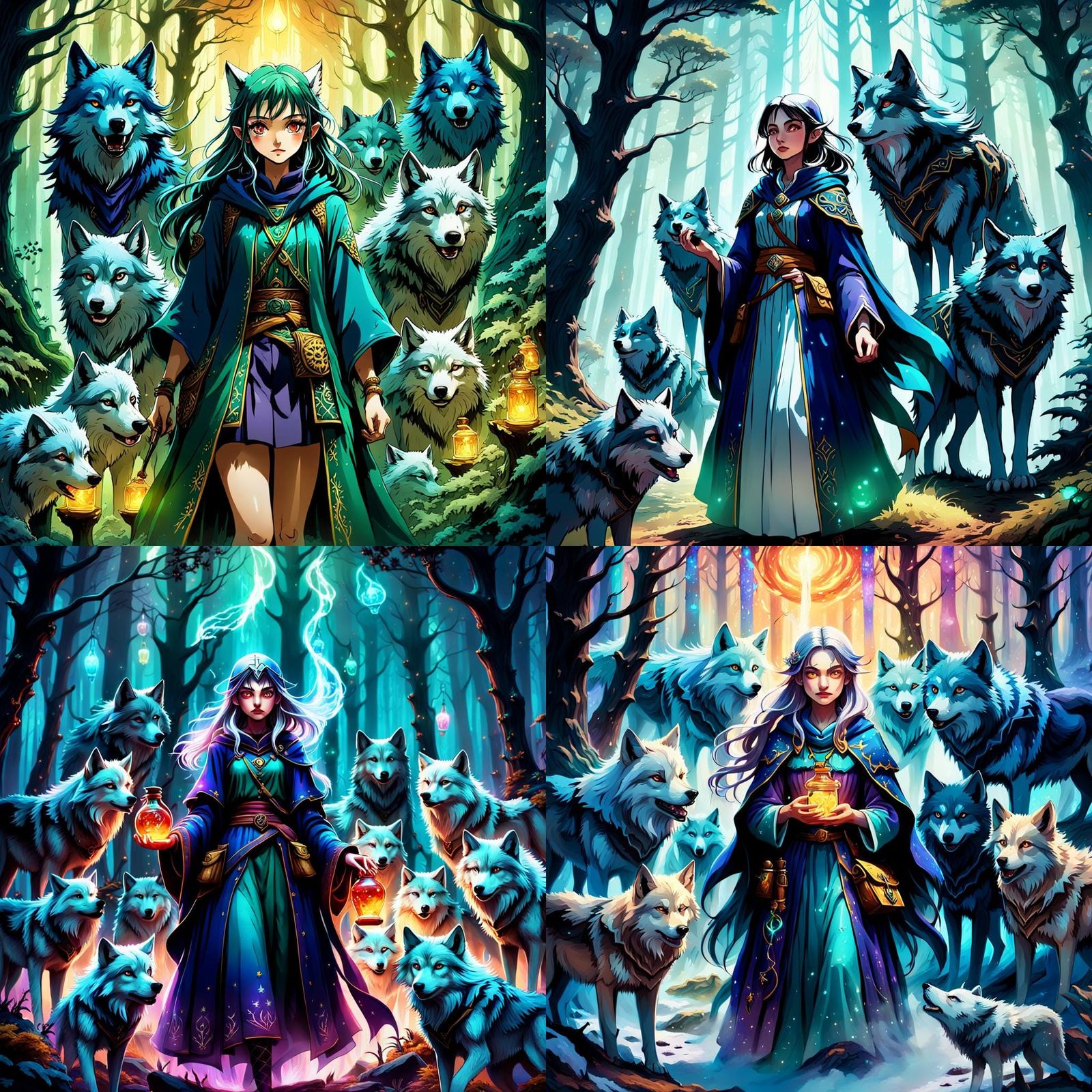 Anime Wizard with Wolves and Potions