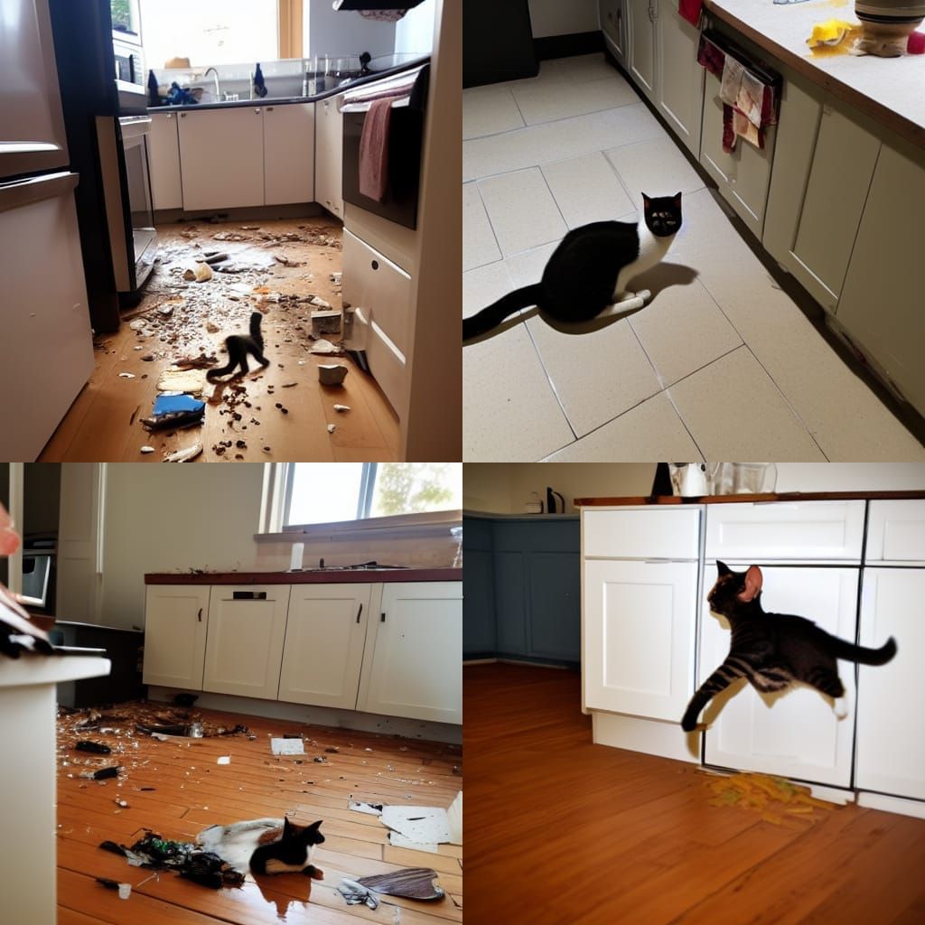 Messy Kitchen Scene After Cat Hunt