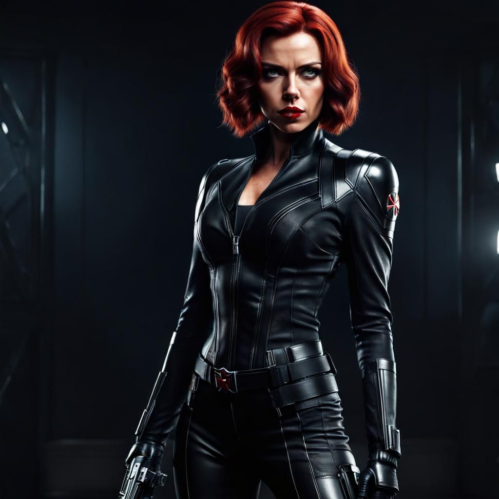 Black Widow in Leather Outfit, Cinematic Style