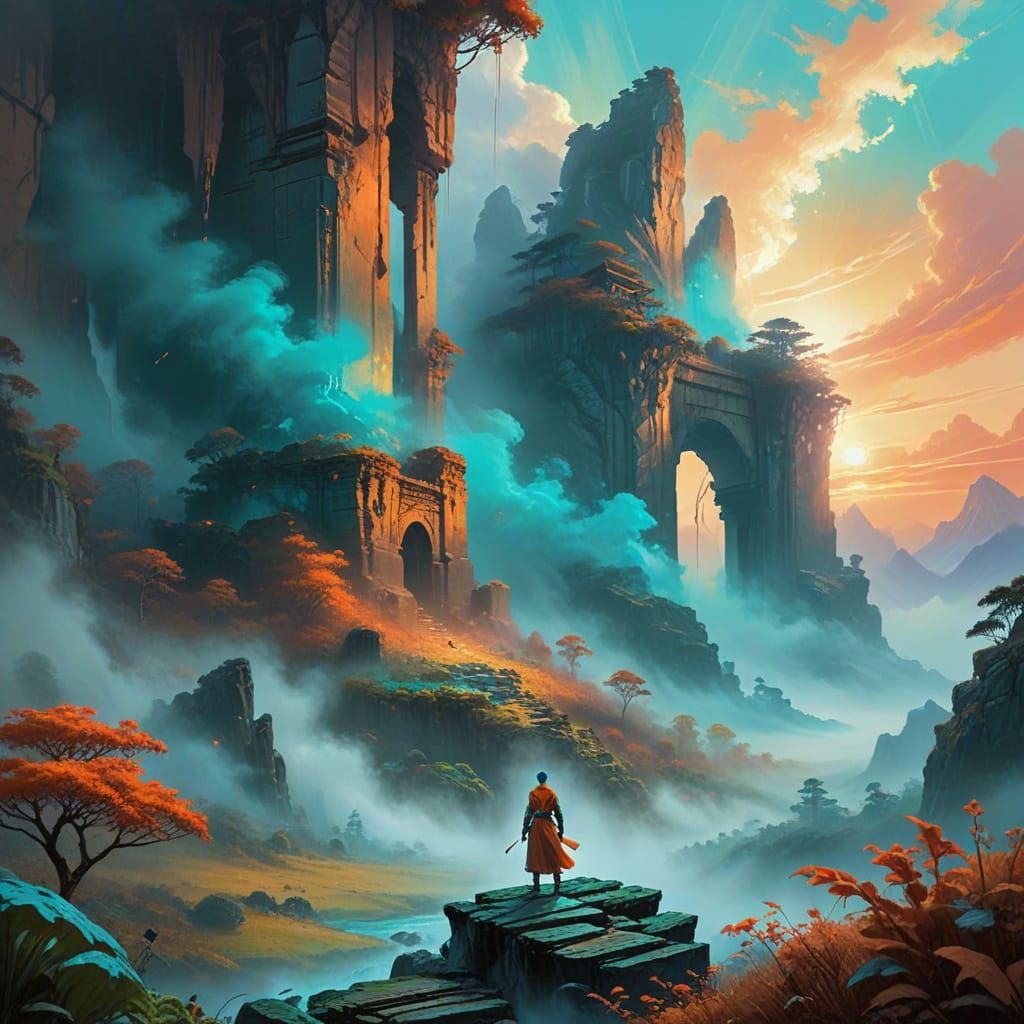 Ancient Air Temple Shrouded in Dreamy Mist, Four Elements Sw...