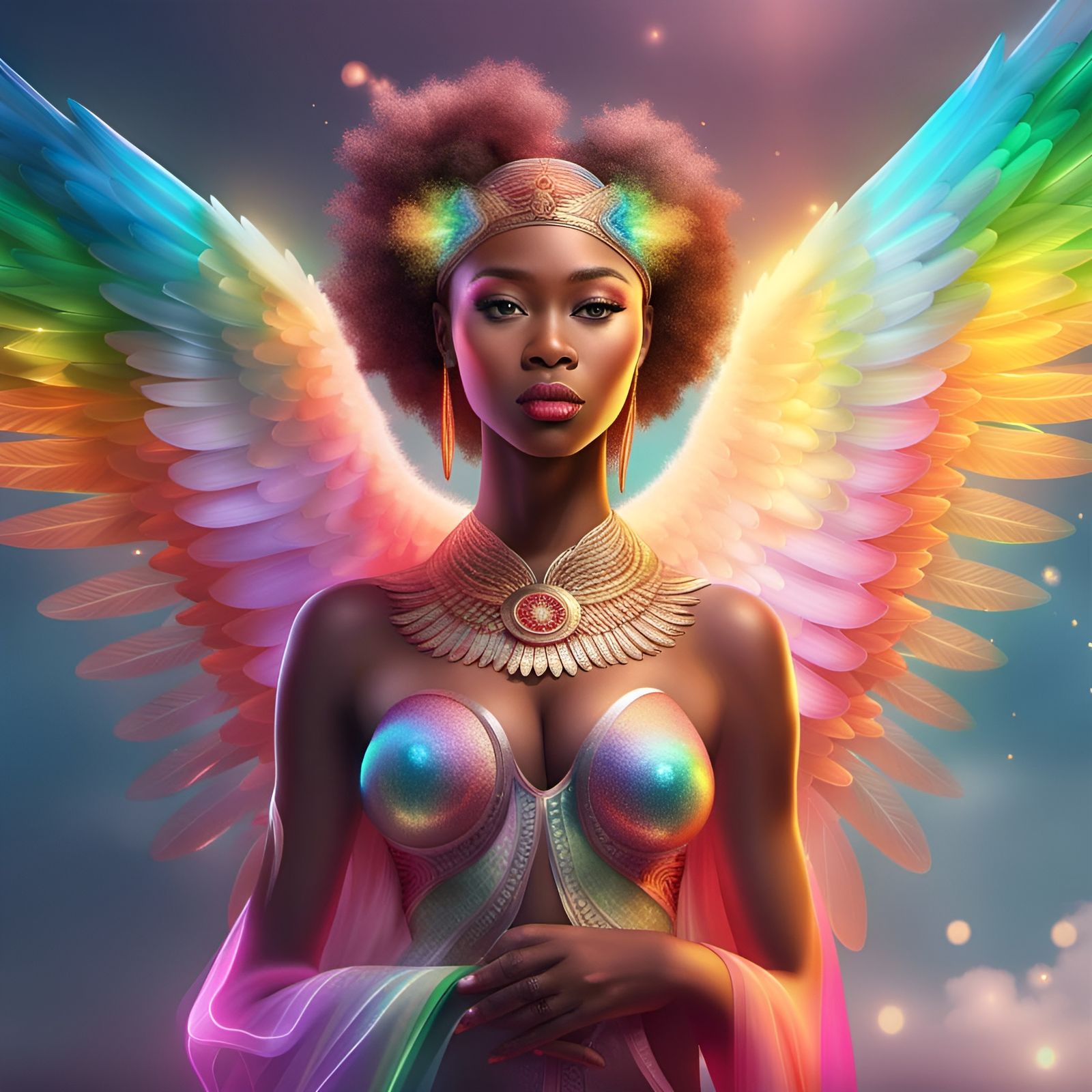 Gorgeous Biracial Angel with Rainbow Wings