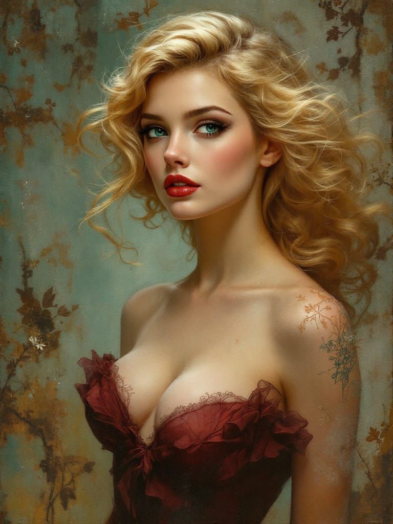 Blond Pin-Up Woman in Maroon Dress, Art Nouveau Style