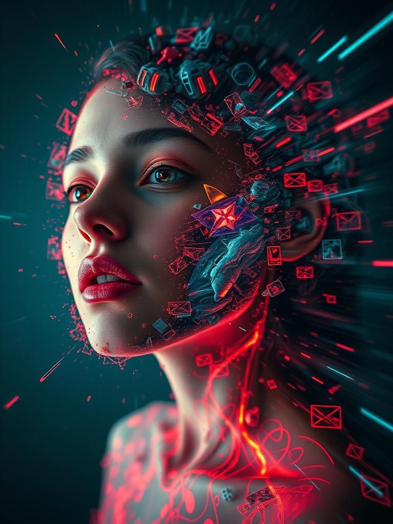 Female Figure Transformation in Futuristic Neon Style