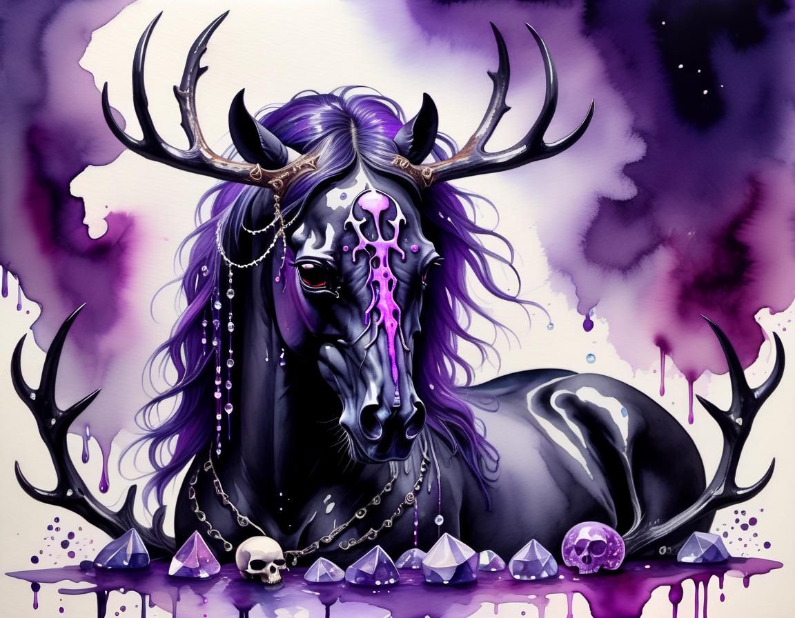 Gothic Skull and Famine Horse in Watercolor