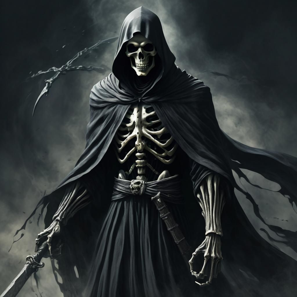A towering Grim Reaper, cloaked in flowing black robes that ...
