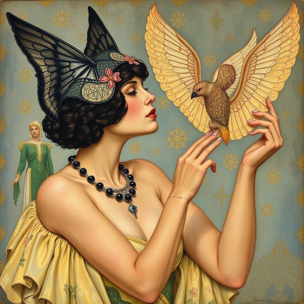 Art Deco Allegory in Pointillist Oil Painting Style