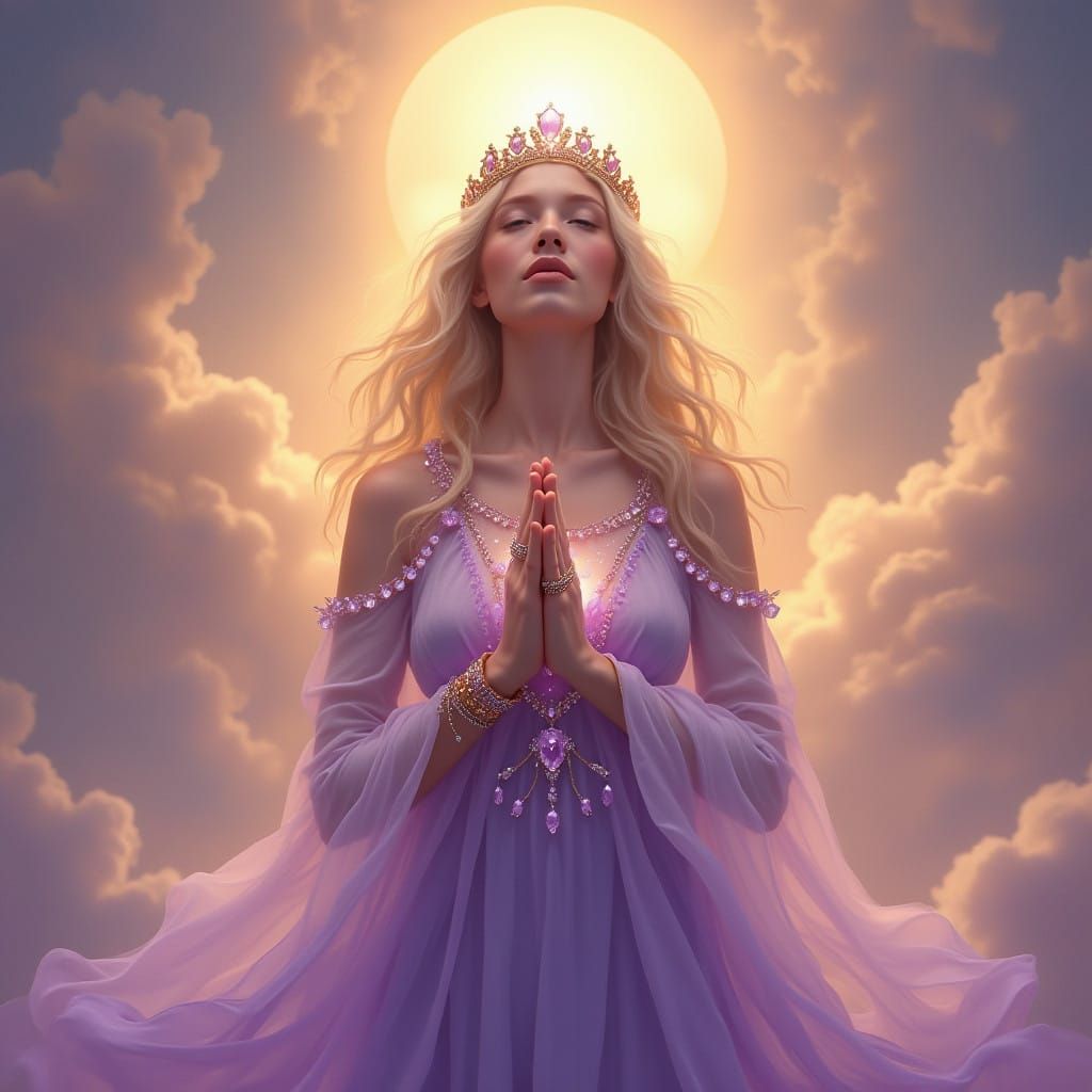 Spiritual Woman in Golden Light with Amethyst Crown