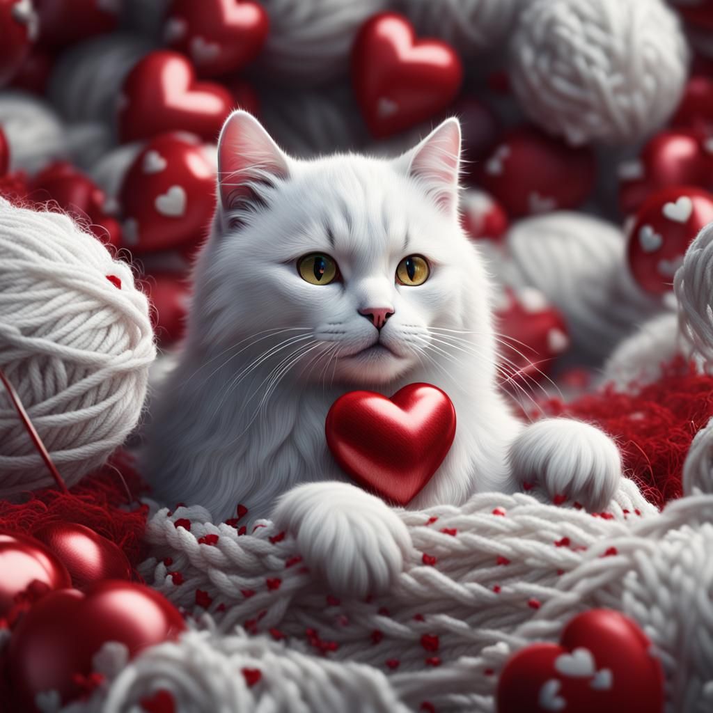 Fluffy White Cat in Yarn, Detailed Digital Painting
