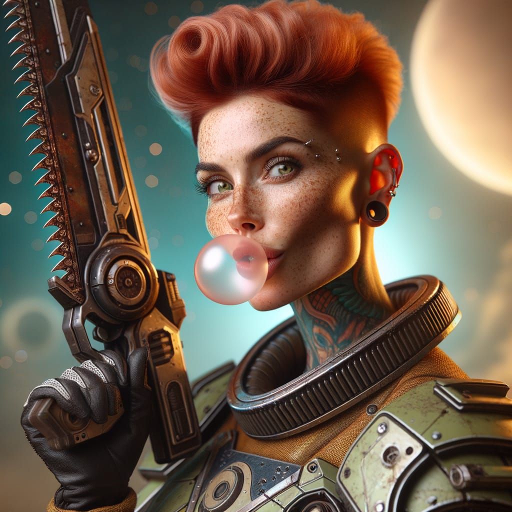 Empowered Sci-Fi Warrior with Chainsaw on Alien Planet