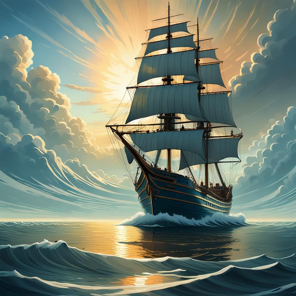 Sailing Ship at Sunrise in Ethereal Style