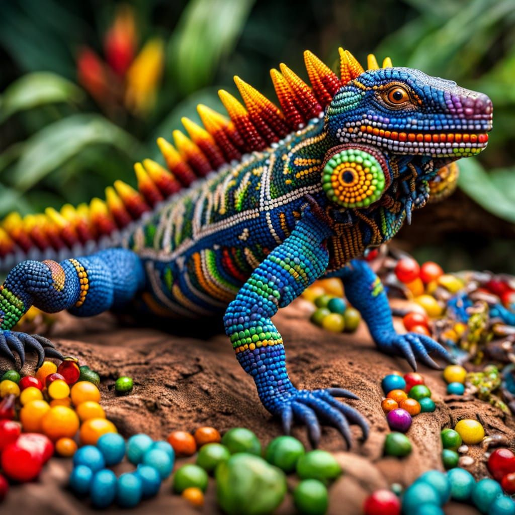 Huichol Beaded Iguana in Jungle Scene
