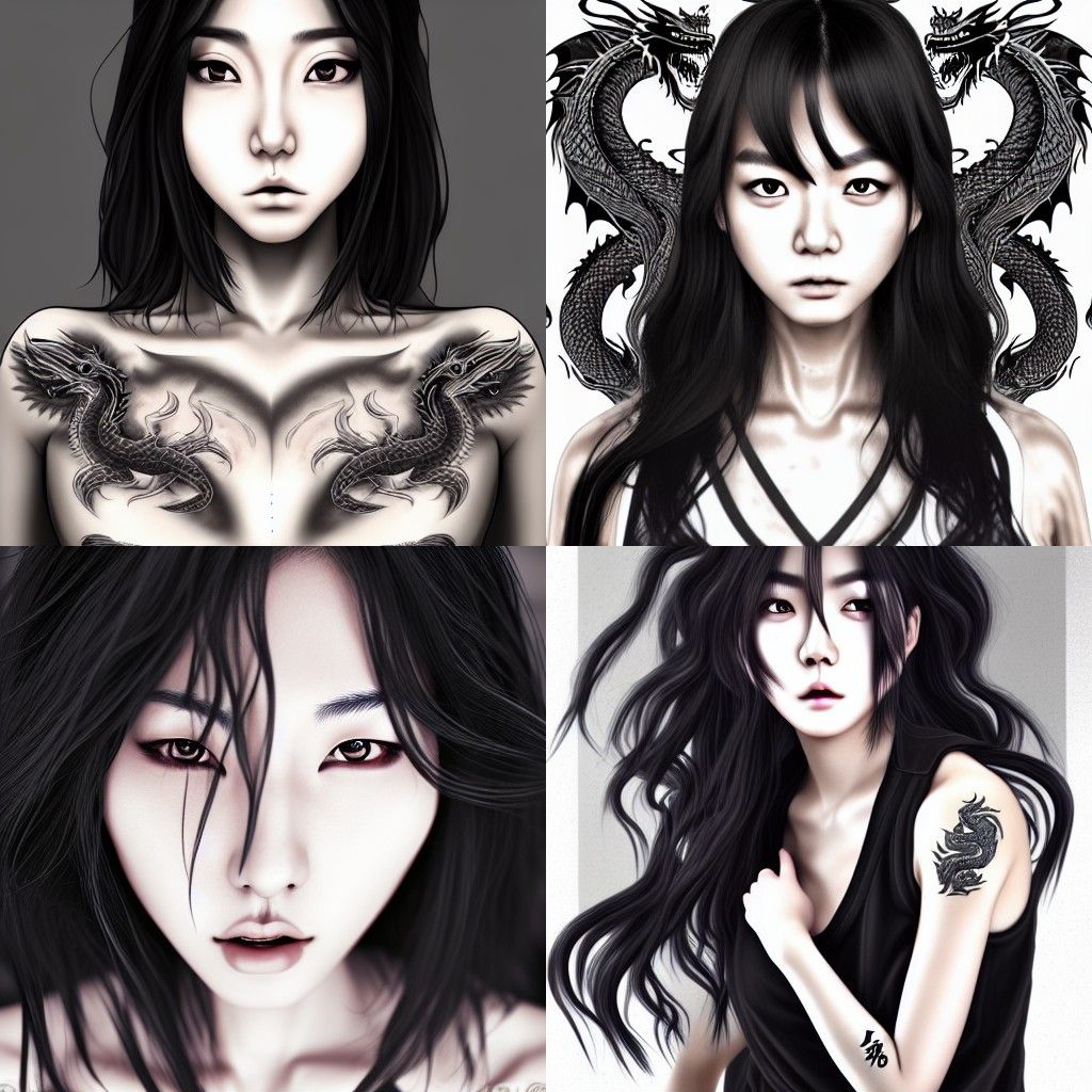 Korean Model Portrait with Dragon Tattoos, Photorealistic