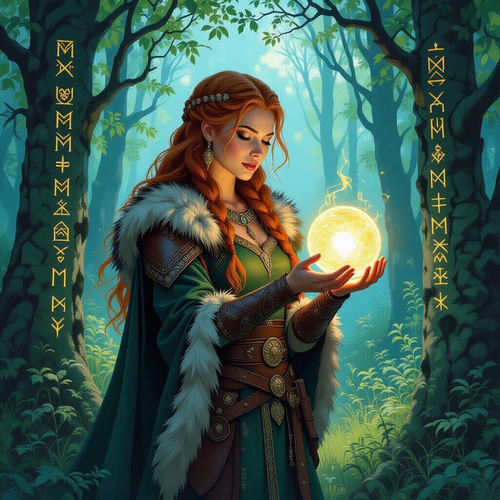 Viking Woman with Orb in Mystical Forest