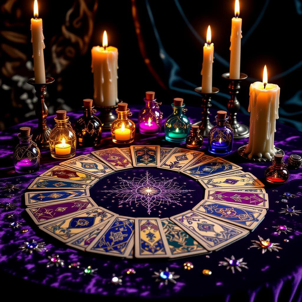 Mystical Tarot Spread with Spell Bottles and Candles
