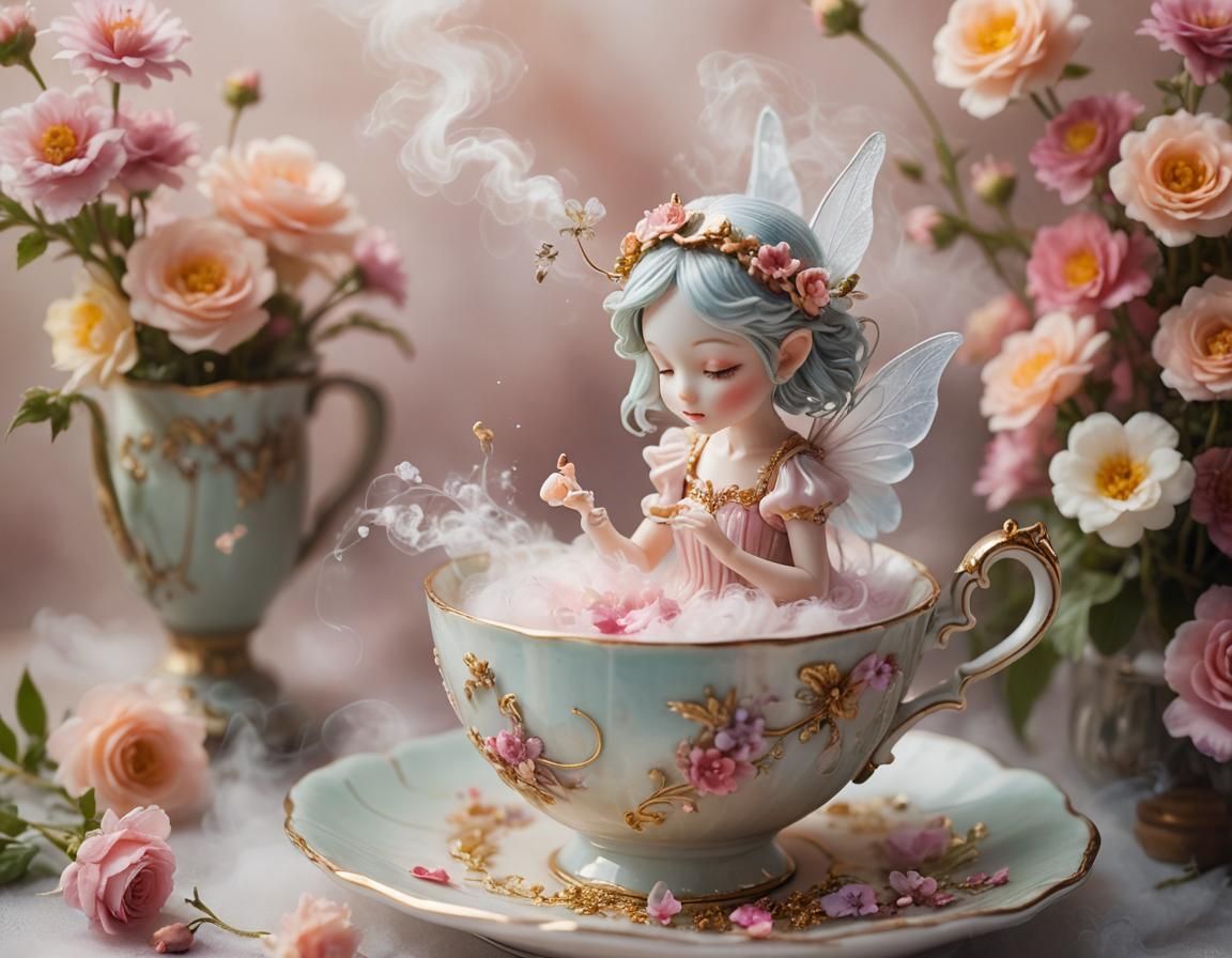Miniature Surreal Fairy on Teacup with Flowers