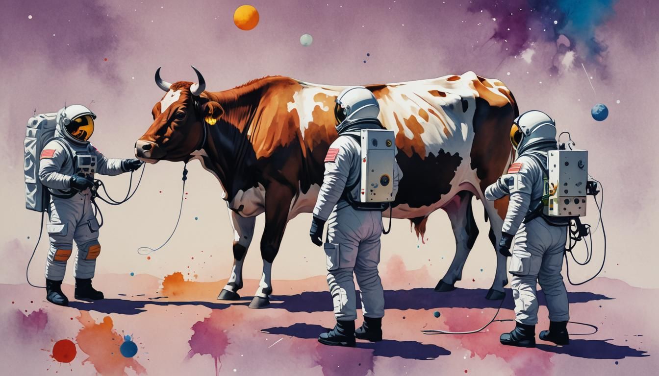 Astronauts Meet a Cow in Minimalist Ink Poster