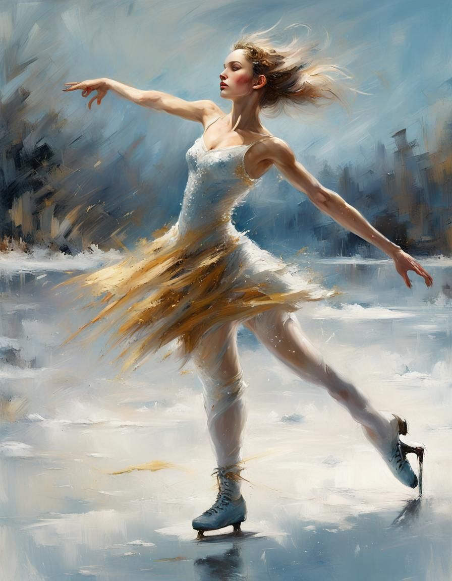 Figure Skater on Frozen Lake with Gold Paint Strokes