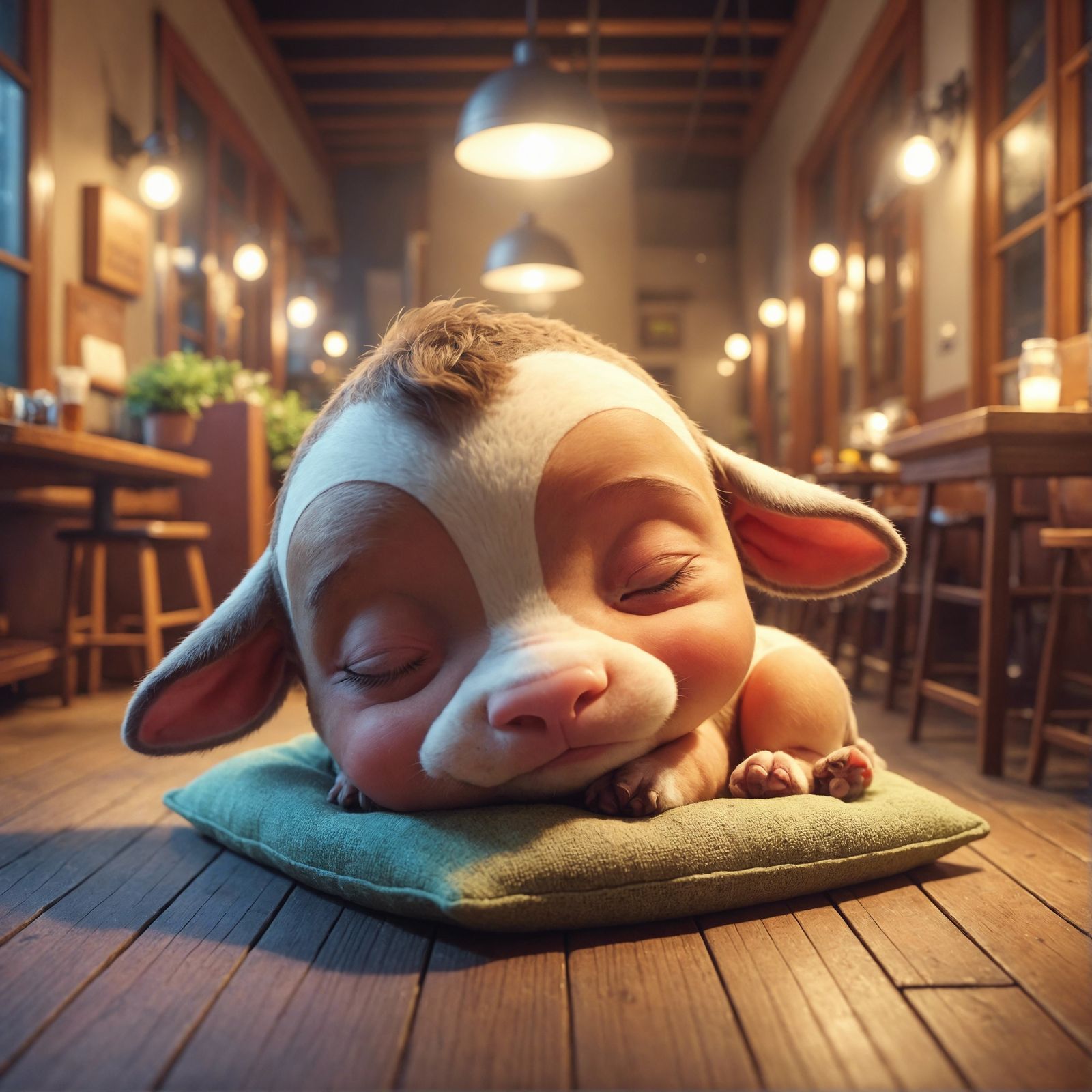 Cartoon Calf Sleeping Peacefully in Cafe at Night