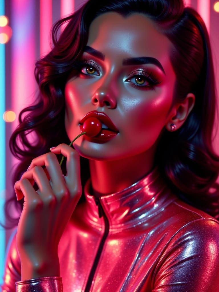 Neon Cherry Suit on Latina Model