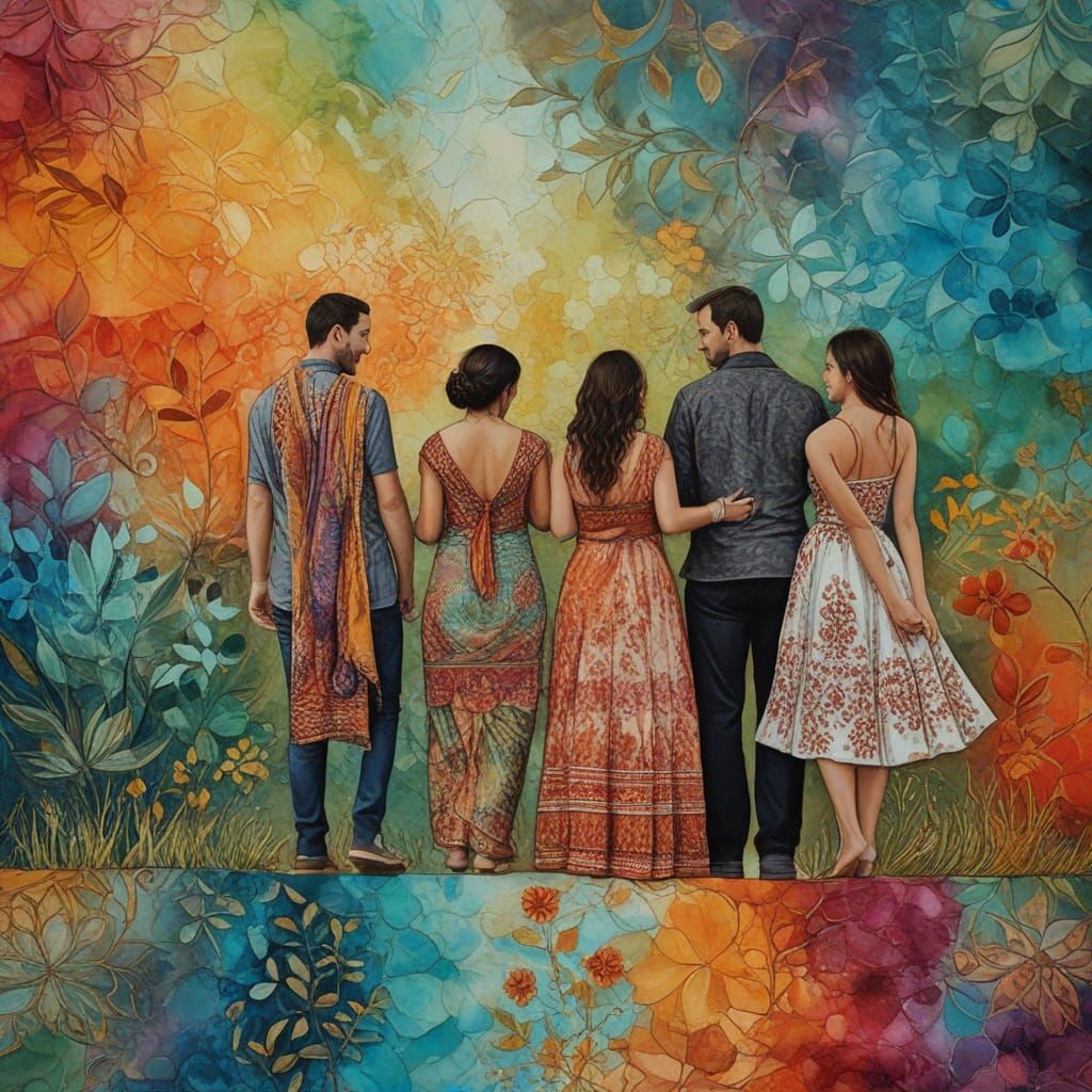 Vibrant Indian Family Scene in Mixed Media