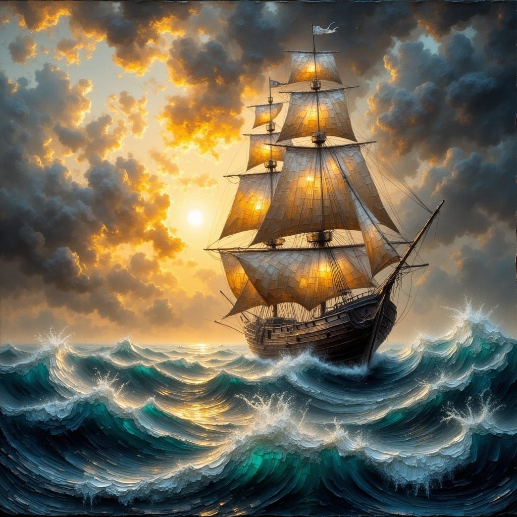 Ship Sailing Stormy Seas at Sunset