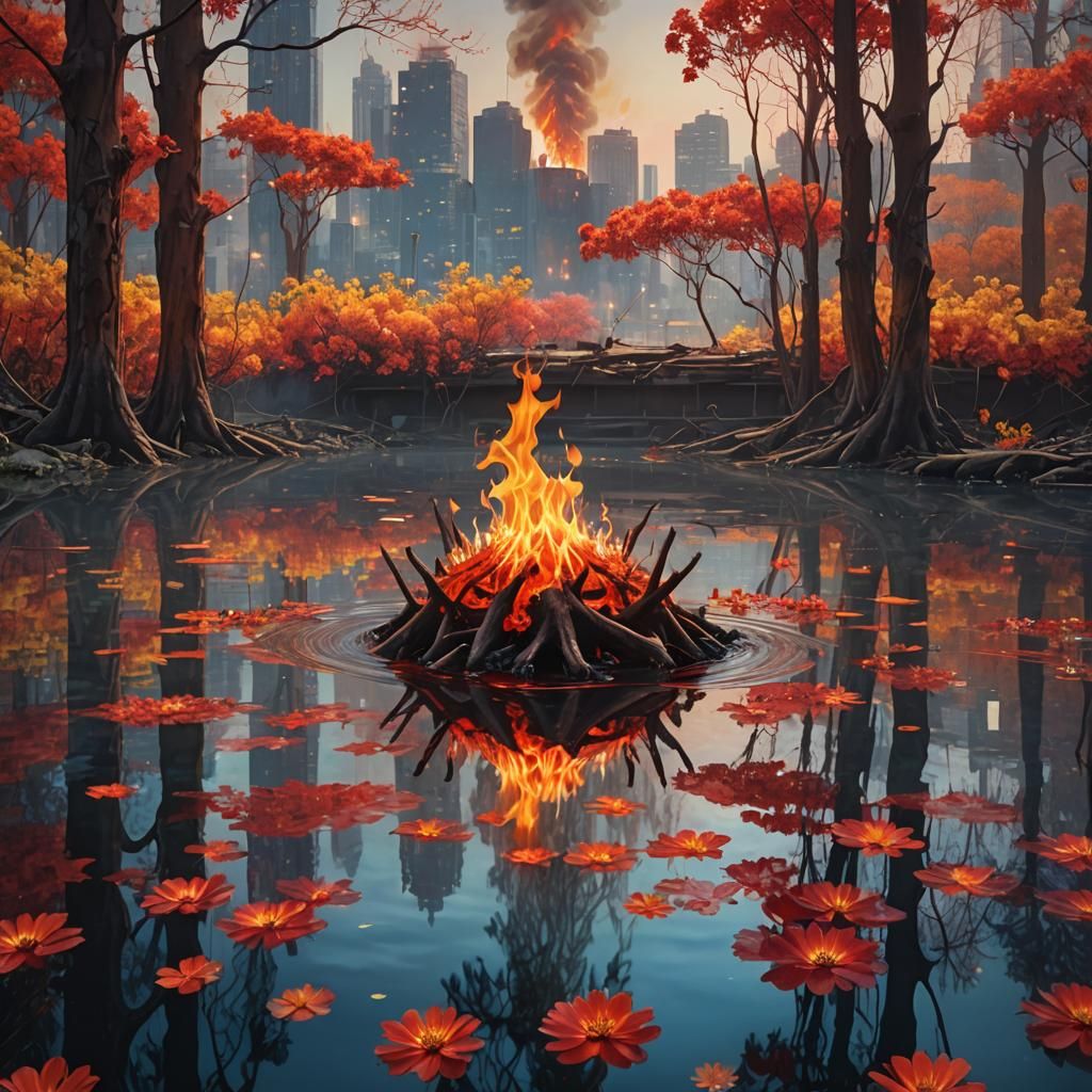 Surreal Flame on Water with Cityscape Backdrop