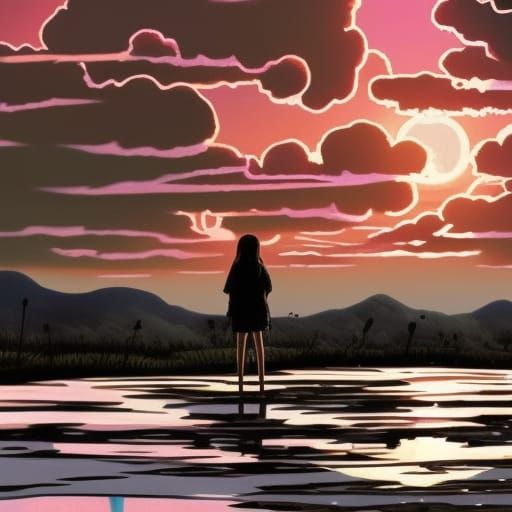 Anime Sunset with Pink Sky in Ghibli Style