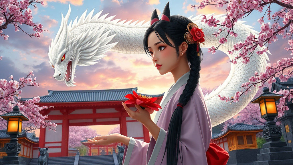 Shrine Maiden Greets Dragon at Cherry Blossom Shrine