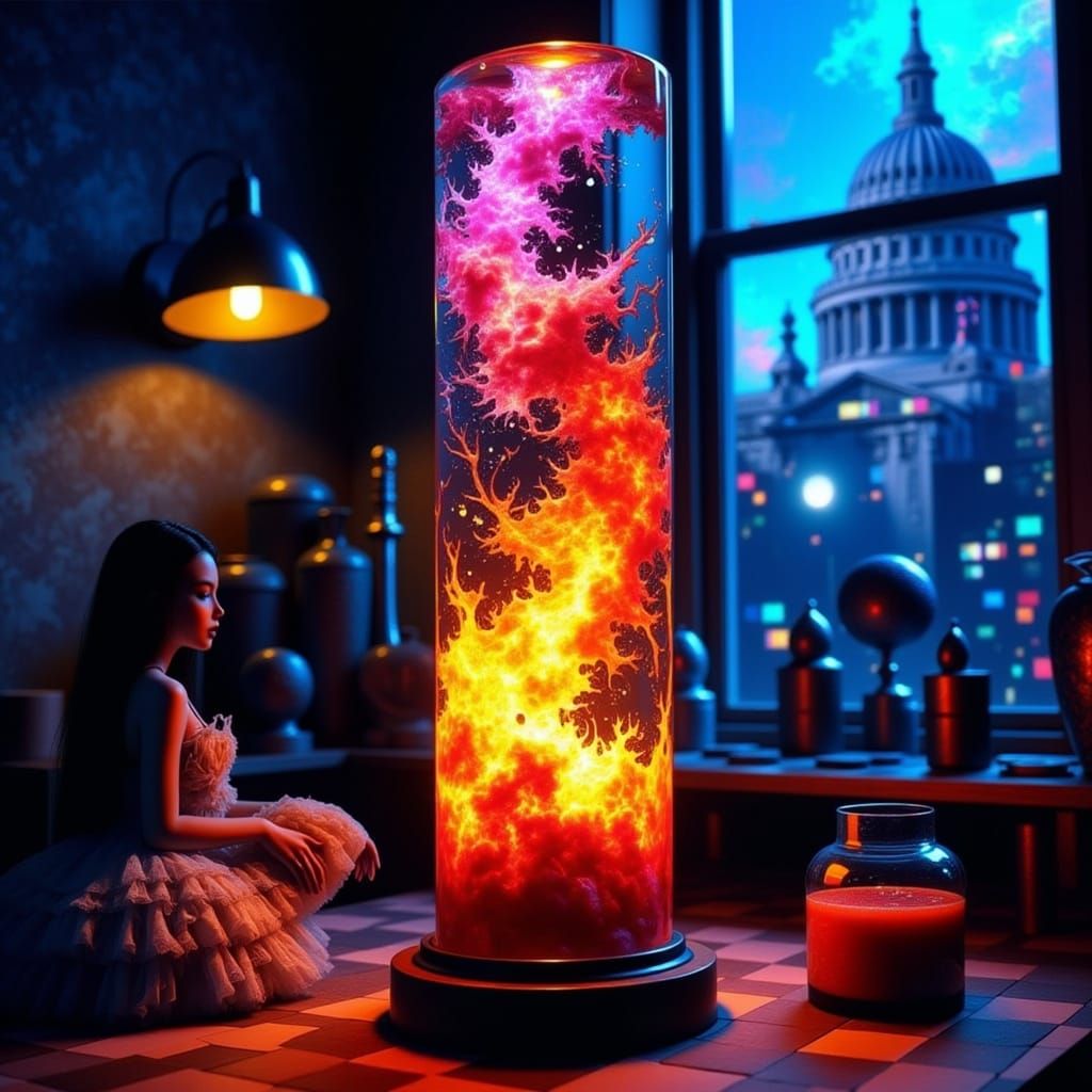 Elegant Woman in Giant Hand, Amidst Melting Chess Pieces, in...