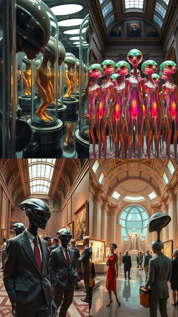 Surreal 1960s-Inspired Scene of Aliens and Humans in a Museu...