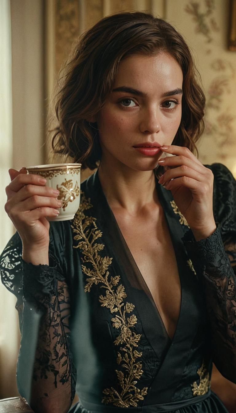 Elegant Woman in English Room, Cinematic Film Still