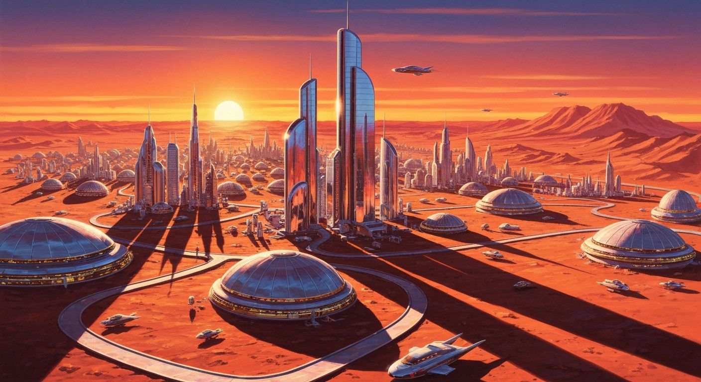 Martian City at Sunset: Retro Sci-Fi Illustration