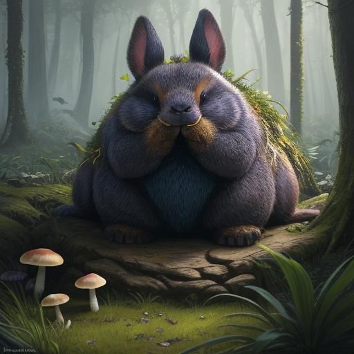 Chubby Creature on Mushroom in Mystical Forest